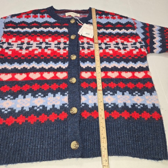Lucky Brand Fair Isle Heart Cardigan Sweater Navy Red Blue 5BI005 Womens M NEW - Picture 5 of 13
